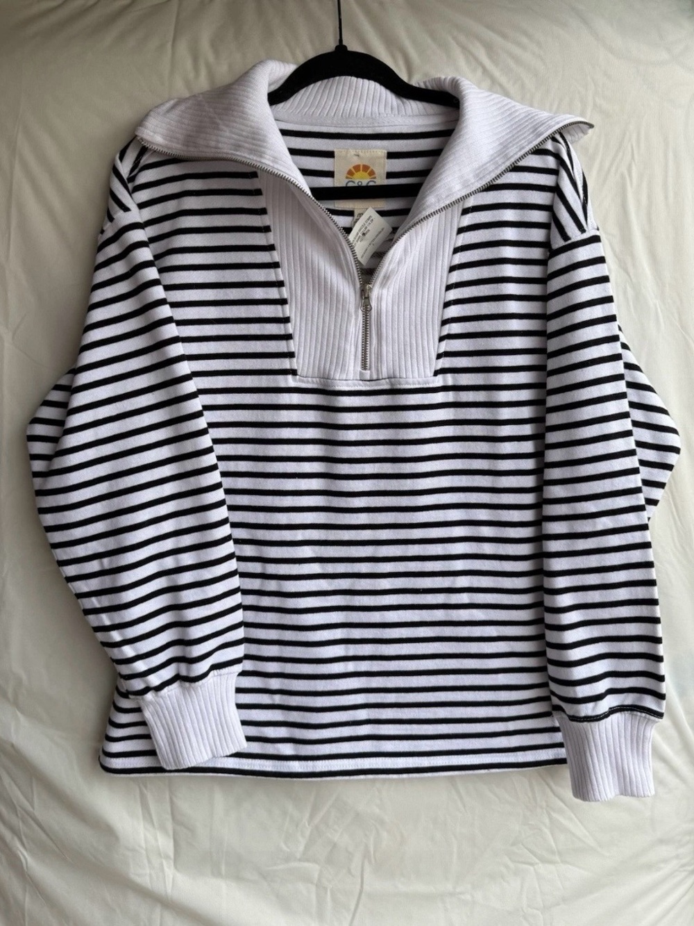 C&C California Black/Sugar Swizzle Stripe Hailey Shawl Collar 1/4 Zip Sweater M